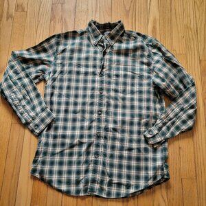 Eddie Bauer Mens Relaxed Fit Plaid Button-Down Shirt Medium Green & Beige Cotton